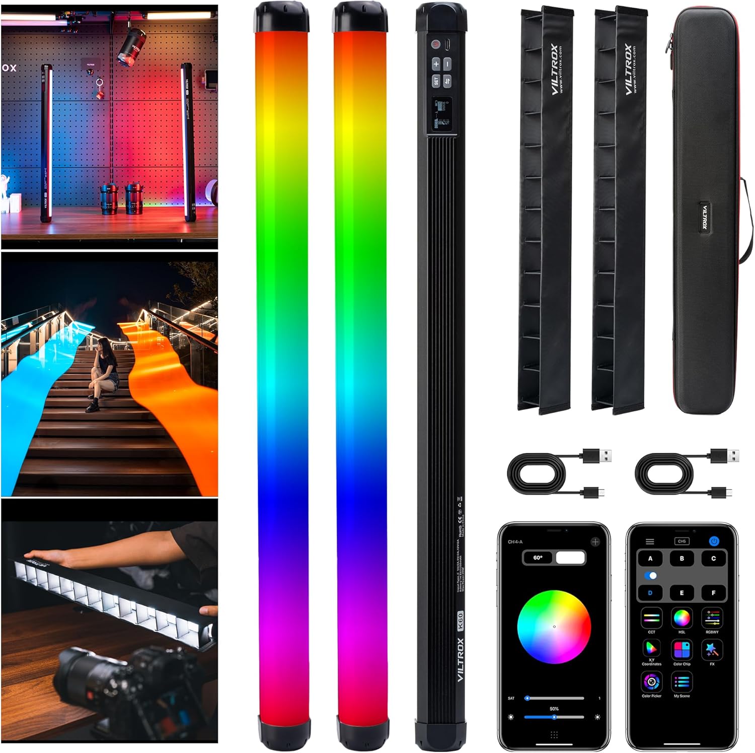 VILTROX K60 Lampada a stick RGB da 2 pezzi, Tubo luminoso per fotografia da 22,8", Batteria ricaricabile da 32Wh Bacchetta luminosa RGB da 20W 1950 lm con CRI 95+ Colori a 360° Display LCD 2500K-8500K